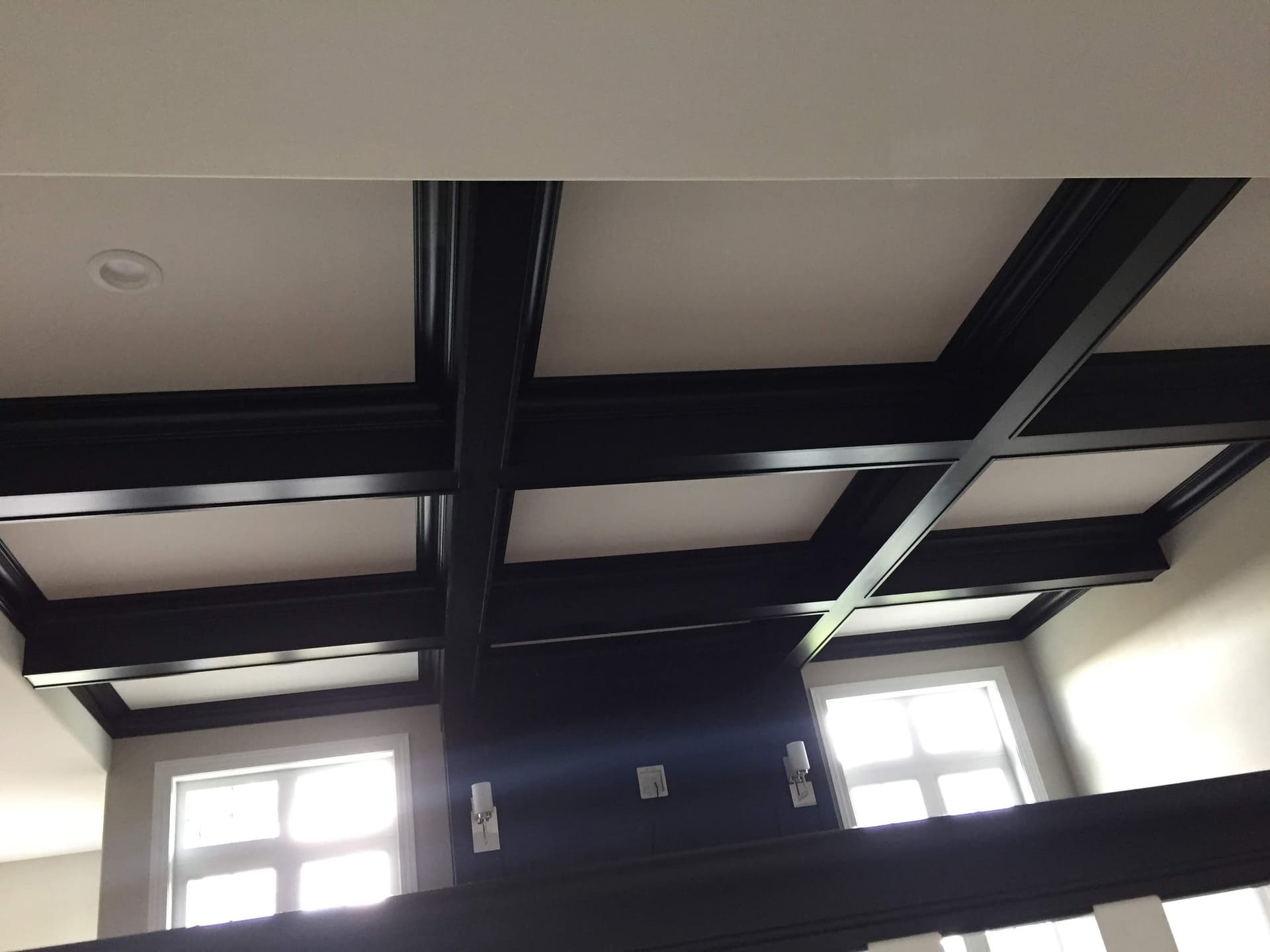 Black-painted ceiling beams crossing a white ceiling, with the cut lines held sharp where the two colors meet.
